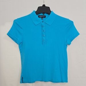 Jones New York Women's Petite Med Turquoise Quarter Button Shirt Ruffles